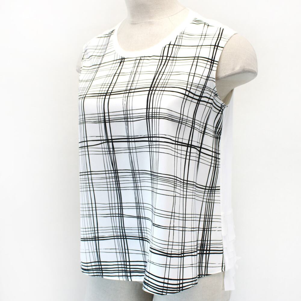 Blanque White Plaid Tiered Fringe Hem Casual Blouse Top Sleeveless XL